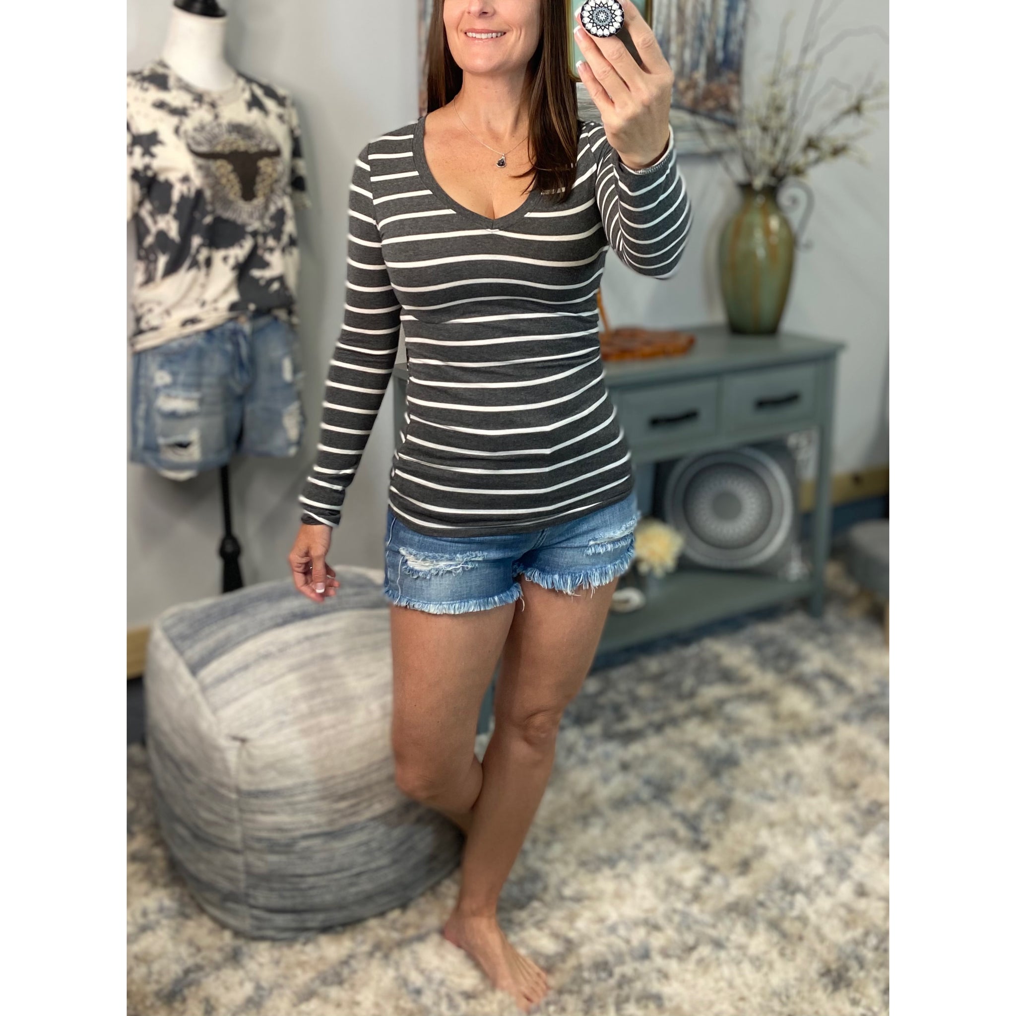 "Follow Me" Nautical Striped Preppy Stretch V-Neck Low Cut L/S Shirt Charcoal Gray White S/M/L