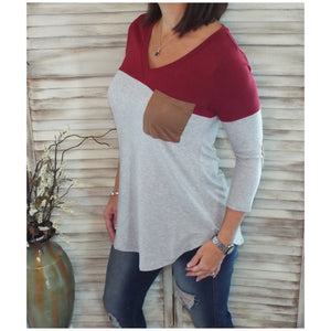 Suede Pocket Elbow Detail V-Neck Floaty Tunic 3/4 Sleeve Wine Gray S/M/L/XL