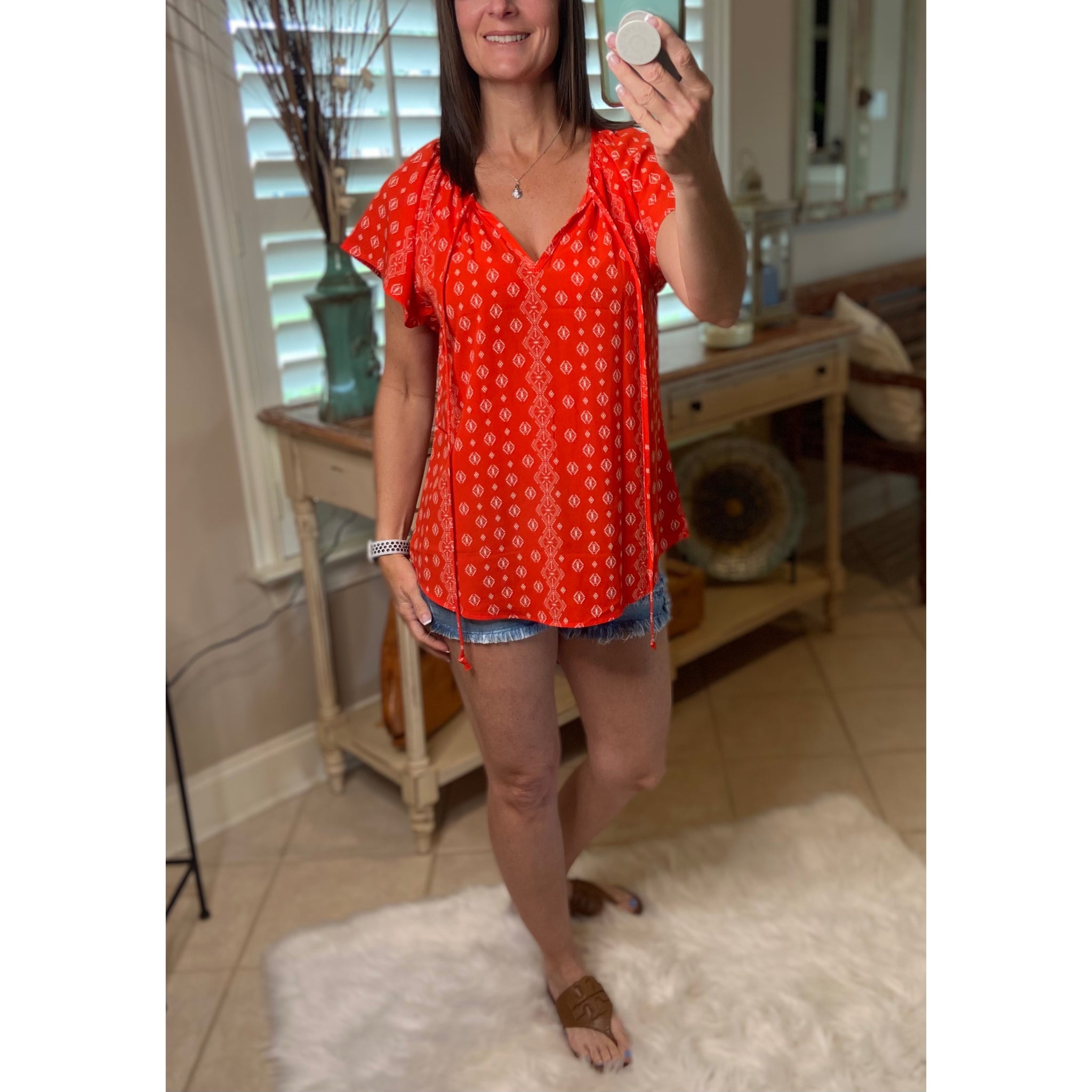 “Wildflower” Floral Dressy Self Tie Keyhole Short Sleeve Round Neck Lightweight Top Red