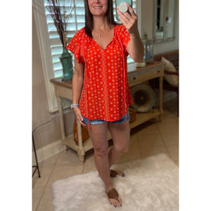 “Wildflower” Floral Dressy Self Tie Keyhole Short Sleeve Round Neck Lightweight Top Red