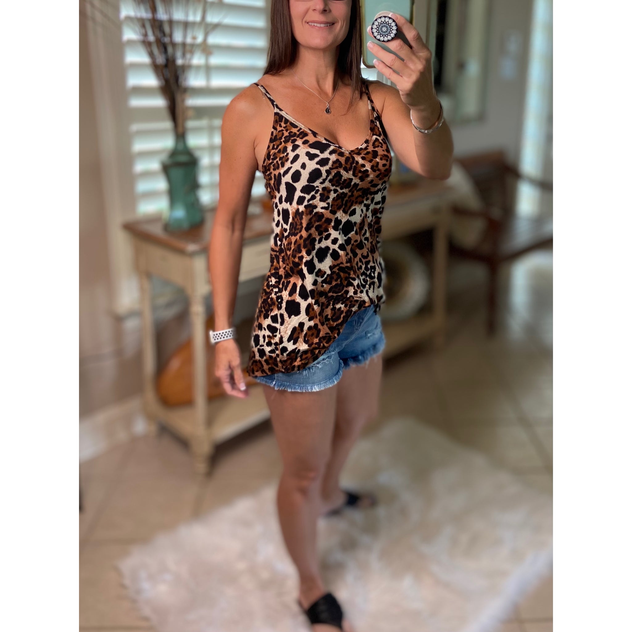 “Heat Wave” Reversible Leopard Low Scoop Or V Neck Spaghetti Strap Tank Top Brown