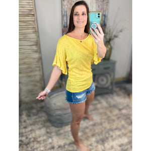 "Charmed Life" Boat Neck Short Ruffle Bell Dolman Sleeve Top Yellow