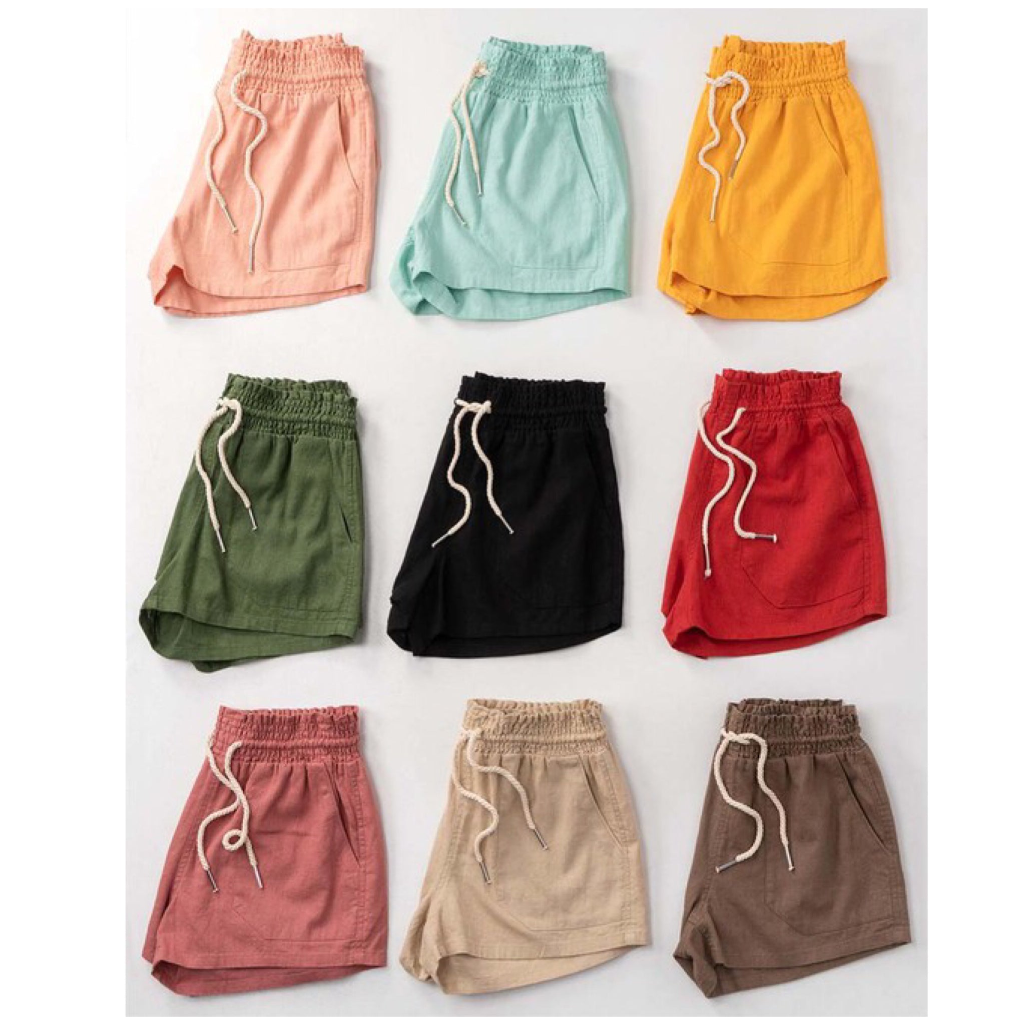Basic Linen Pocket Drawstring Elastic Waist Dressy Shorts Bottoms Mint S/M/L