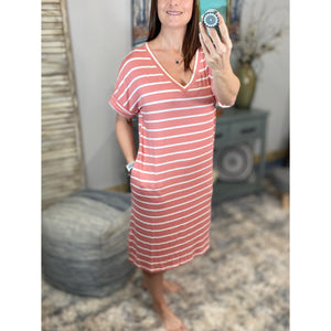 "Think Out The Box" Boxy V-Neck Striped Rolled Cuff Sleeve Pocket Summer Tee Shirt Dress Rose Pink S/M/L