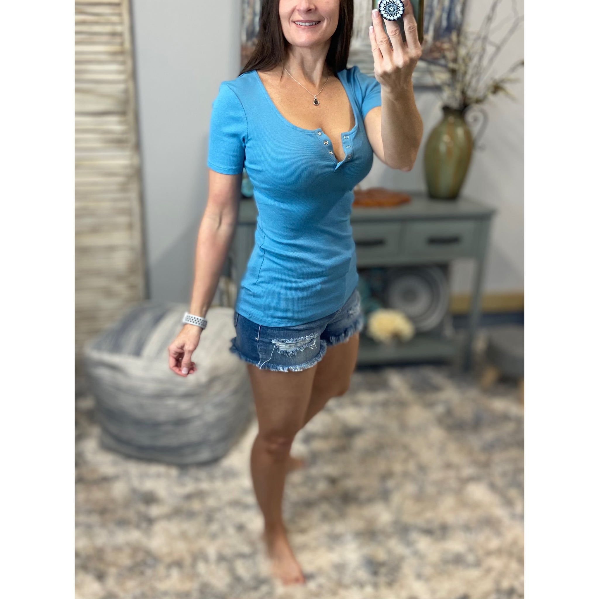 Deep V Neck Plunge Cleavage Slim Ribbed Stretch Henley Top Blue S/M/L