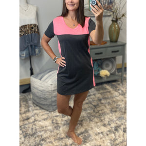"You're The One" Scoop Neck Color Block Mini Summer Short Sleeve Tee Shirt Dress Gray Pink