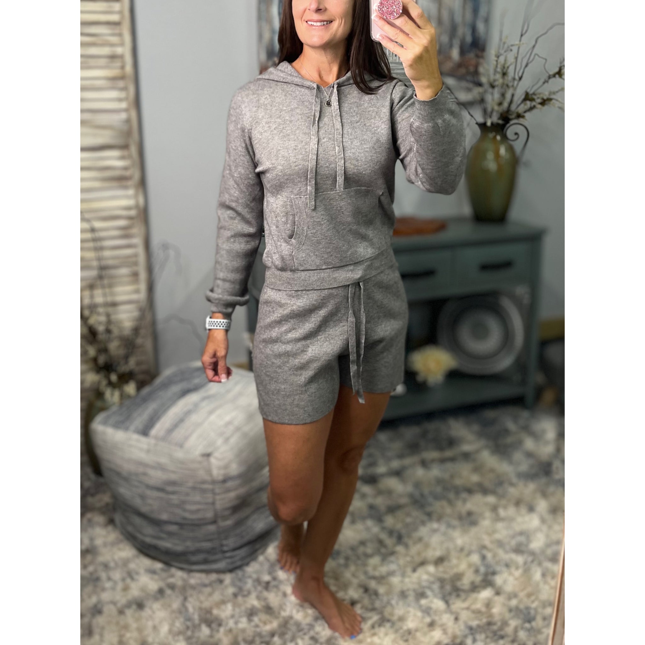 “Wrapped in Cozy” Knit Sweater Dressy Lounge Hoodie Kangaroo Drawstring Top & Bottom Set Gray S/M/L