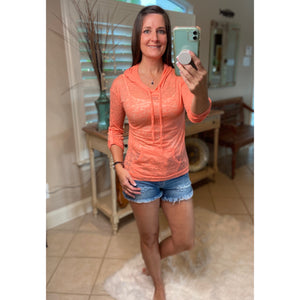 Sexy Sheer Burnout Drawstring Hoodie Tissue High Neck Top Shirt Peach