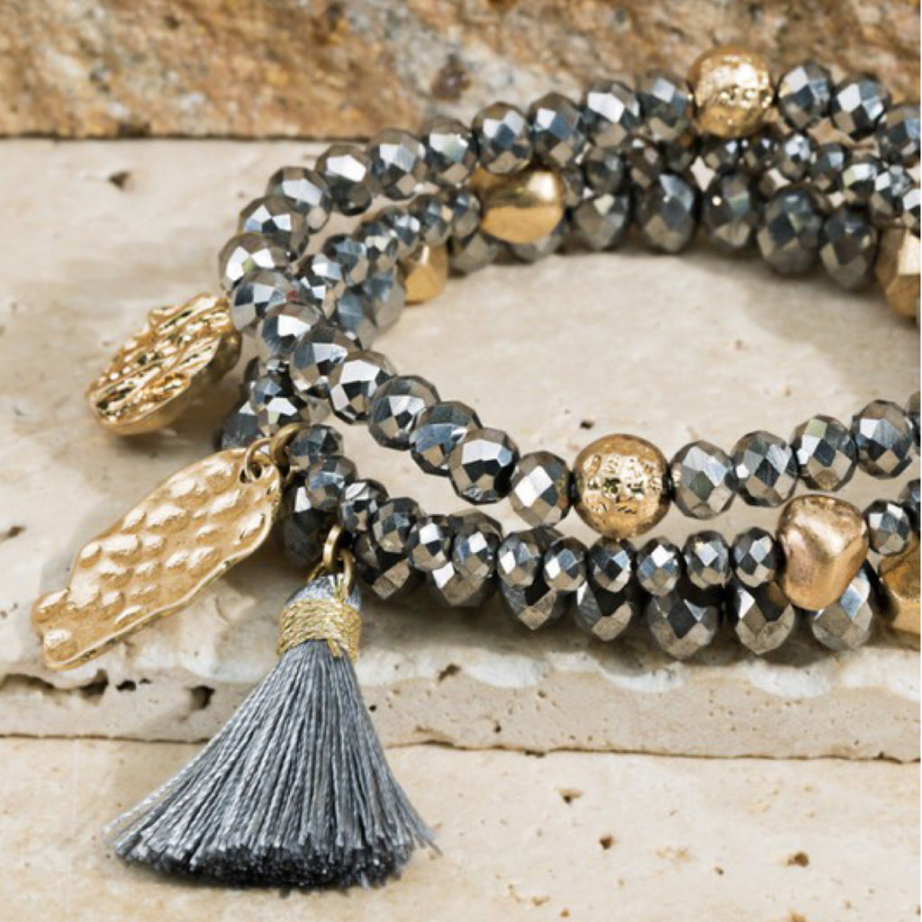 Glass Bead 3 Strand Set w/Tassel Hammered Charms Stretchy Elastic Gray