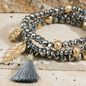 Glass Bead 3 Strand Set w/Tassel Hammered Charms Stretchy Elastic Gray