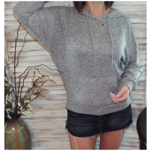 "Cute & Cozy" Plush Drawstring Brushed Hacci Sweater Knit Hoodie L/S Gray S/M/L