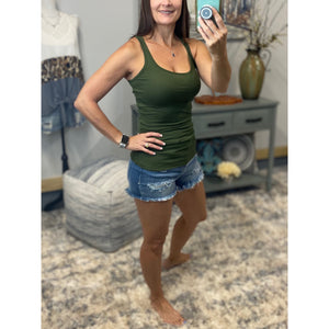 “Can’t Touch This” Ribbed Low Scoop Boy Beater Sleeveless Cleavage Fitted Tank Top Army Green