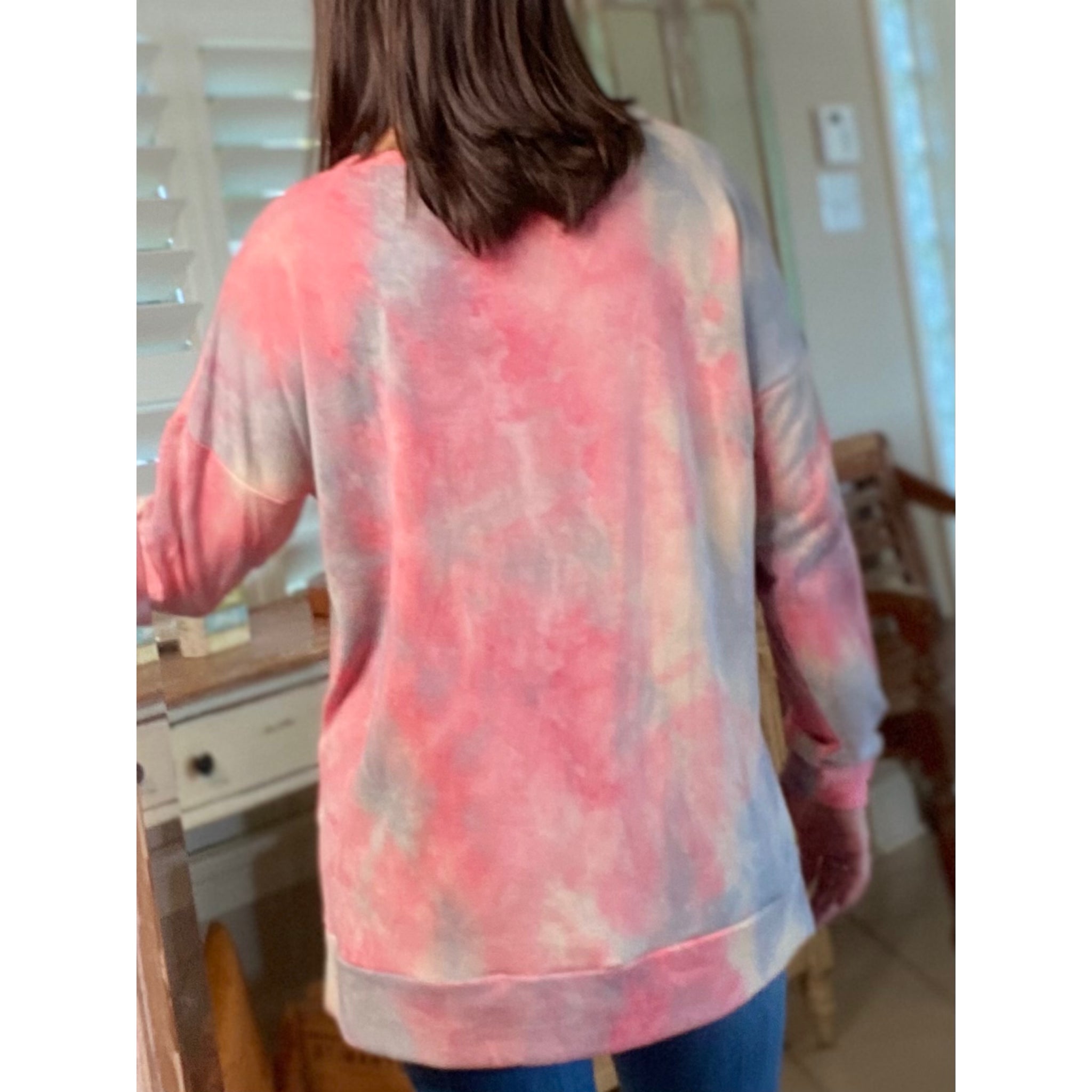 “Y'all Get Ready” Tie Dye French Terry Long Sleeve Banded Split Side Pink