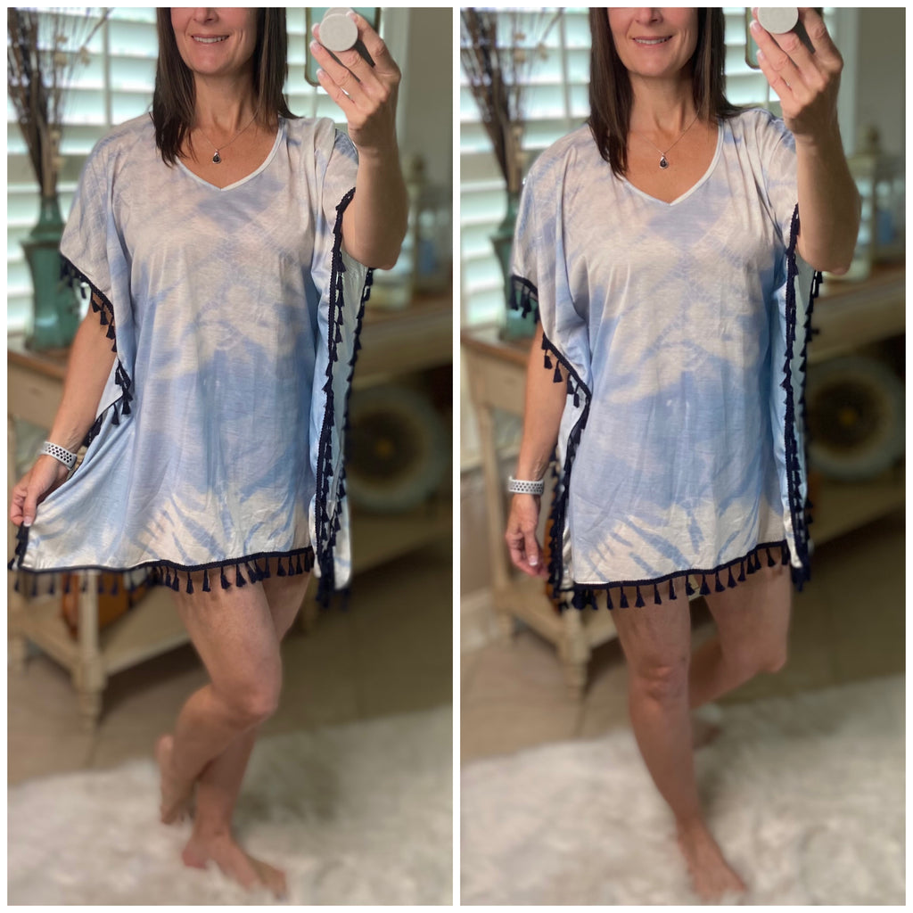 “Beach Bound” Tie Dye Beach Cover Up Pool Chic Boho Tassel Hem Mini Vibrant Vacation Blue OS