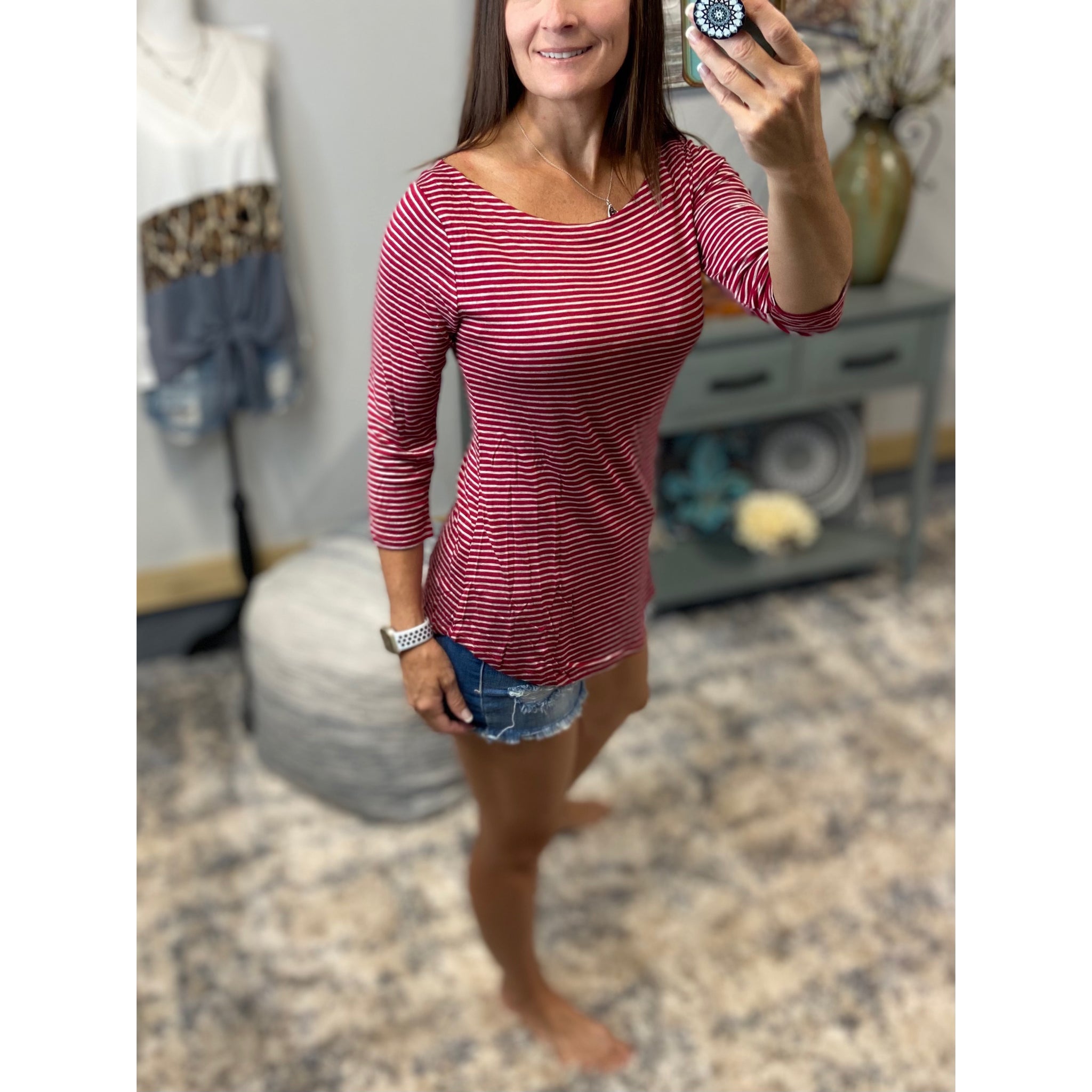 Very Sexy Open Scoop Neck Preppy Striped Rugby Open 3/4 Shirt Top Red Gray S/M/L