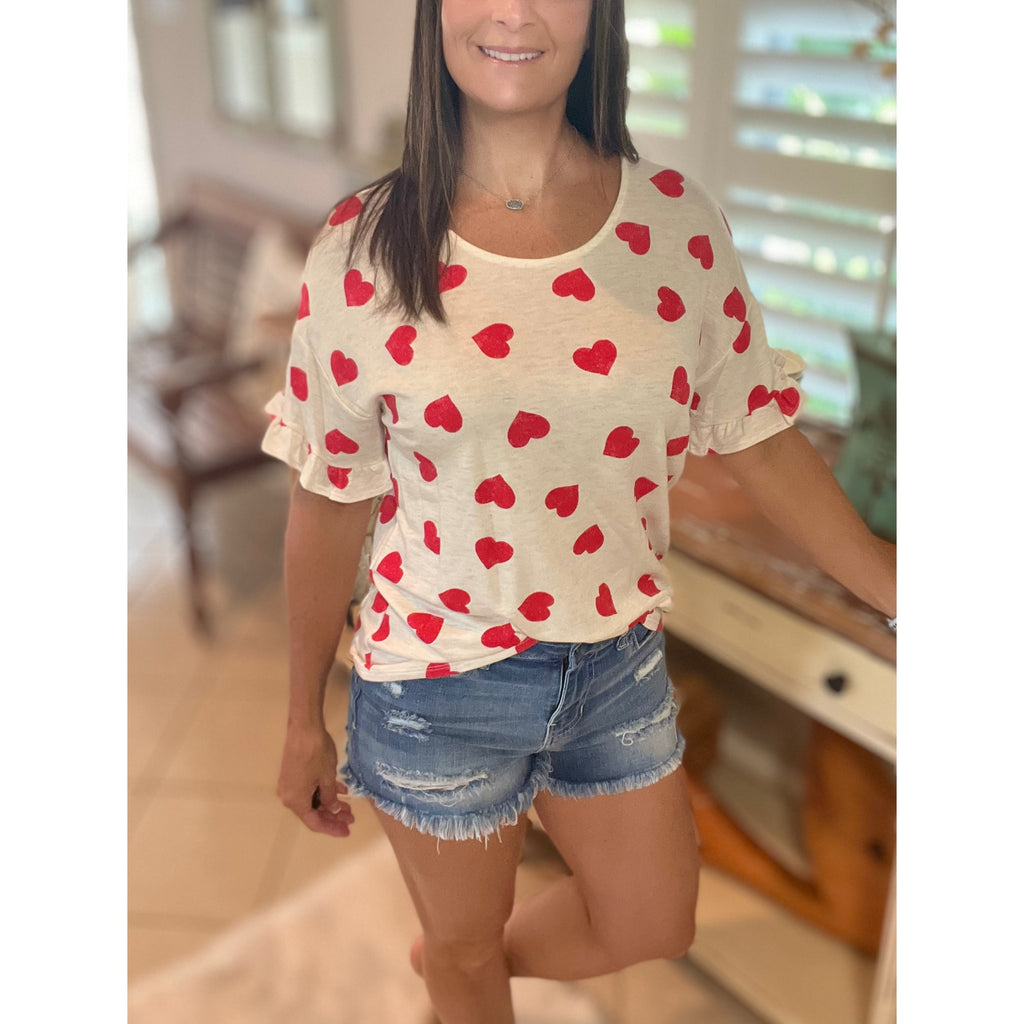 "Can't Buy Me Love" Heart Valentine Round Neck Short Ruffle Flutter Sleeve Top Red White