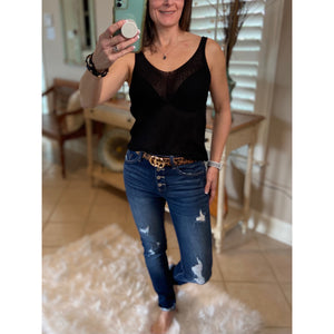 “Spring Fling” Sexy Low Double V Neck Back Sleeveless Dressy Knit Sweater Tank Black