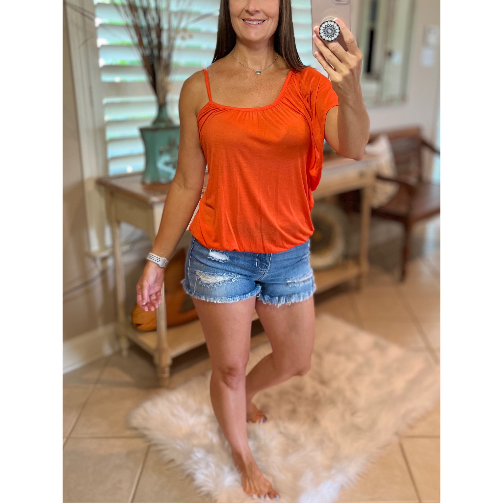 Dolman Ruched Flutter Batwing Cold One Shoulder Club Top Orange S/M/L