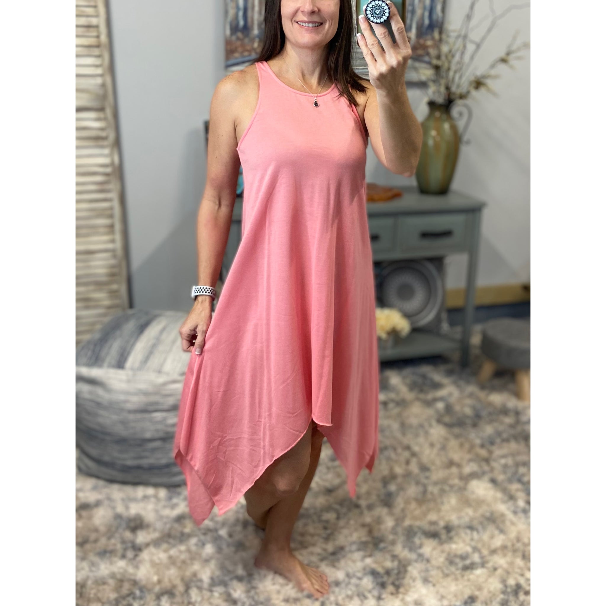Handkerchief Hem Floaty Terry Summer Tank Sundress Pink S/M/L