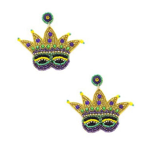 “Let’s Go to the Ball” Mardi Gras Seed Beaded Carnival Mask Crown Post Earrings Purple Green & Gold