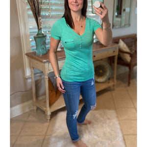 Sexy Deep V Neck Plunge Cleavage Button Henley Zipper Pocket Top Mint