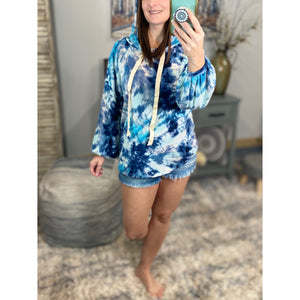 “Free Bird” Tie Dye Crew Neck Waffle Drawstring Light Long Sleeve Hoodie Blue