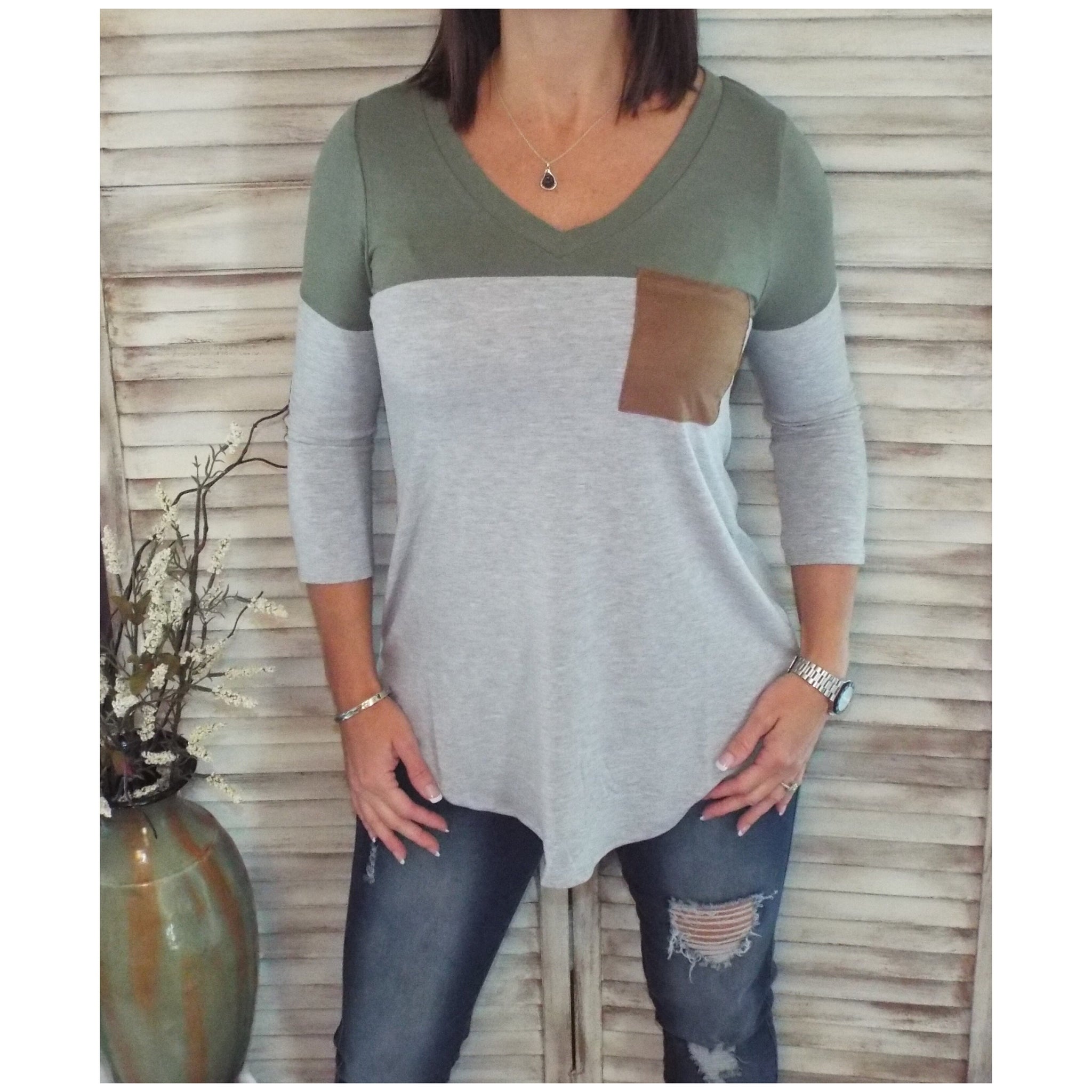 Suede Pocket Elbow Detail V Neck Floaty Color Block Tunic 3/4 Sleeve Olive Gray