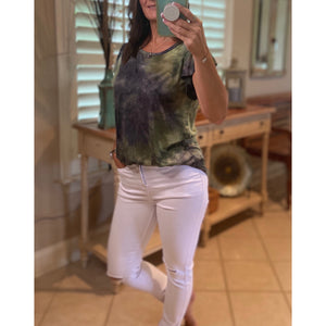 “Midnight Sky” Tie Dye Short Flutter Sleeve Round Neck Bottom Retro 70s Top Green Multi