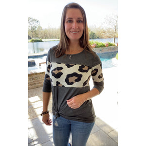 "Forever Yours" Leopard Color Block Contrast Scoop Neck Floaty 3/4 Sleeves Gray