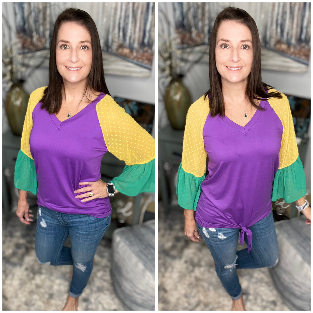 "Beads or Bust" Mardi Gras Color Block Swiss Dot Flutter Bell Sleeves V Neck Tie Bottom Shirt Purple Green & Gold