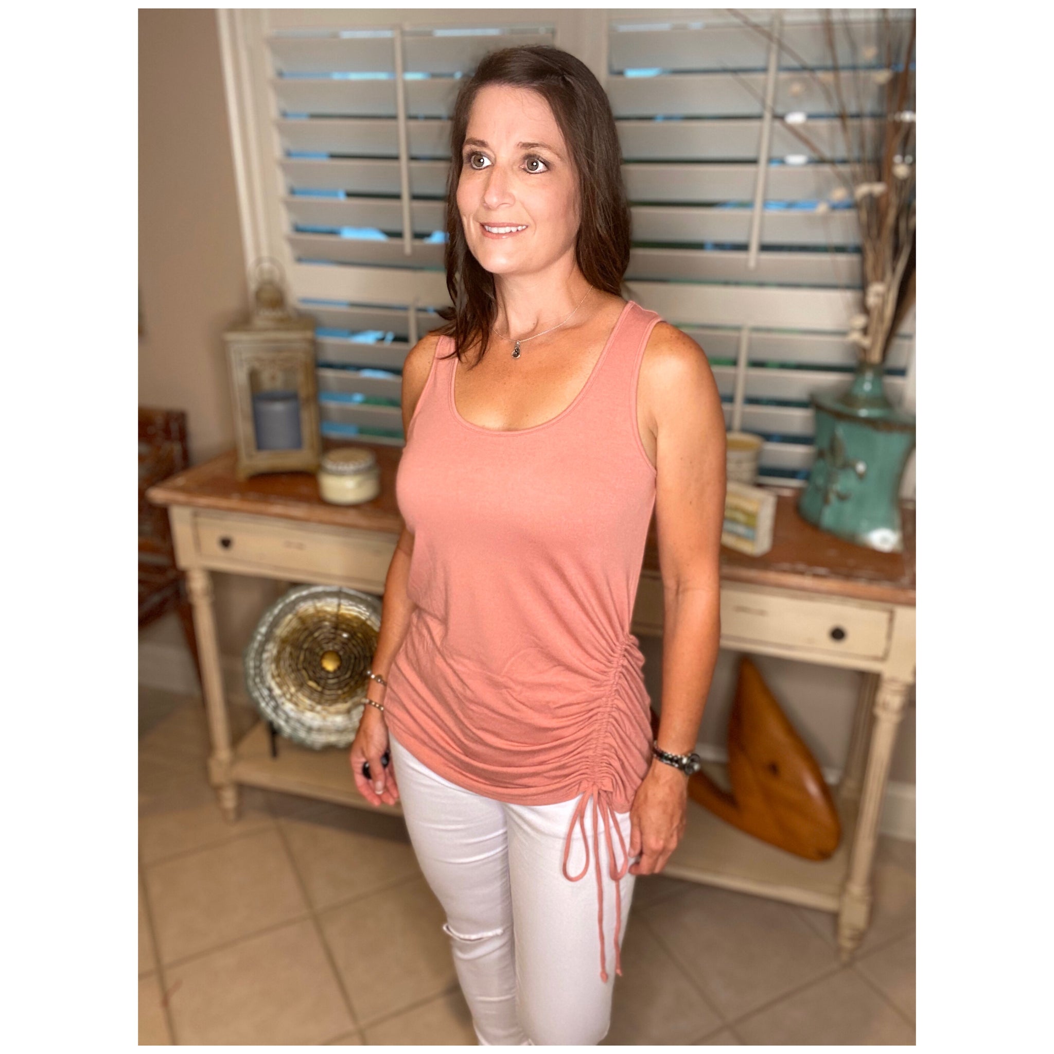Scoop Neck Adjustable Ruched Side Tie Loose Sleeveless Tank Top Rose Pink S/M/L/XL