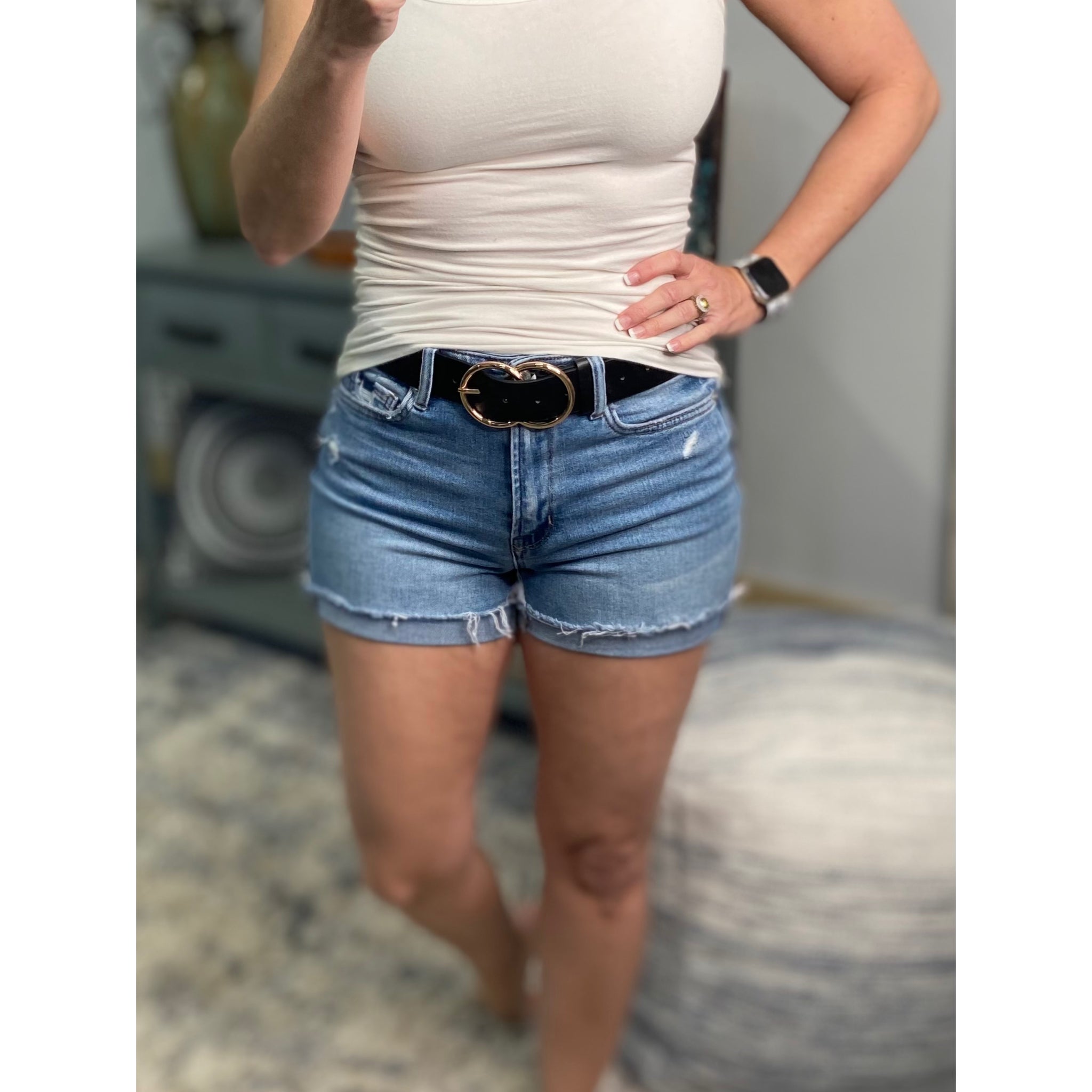 “I’m Torn” Distressed Denim Medium Faded Jean Shorts Pockets Cuff Zip Up Blue