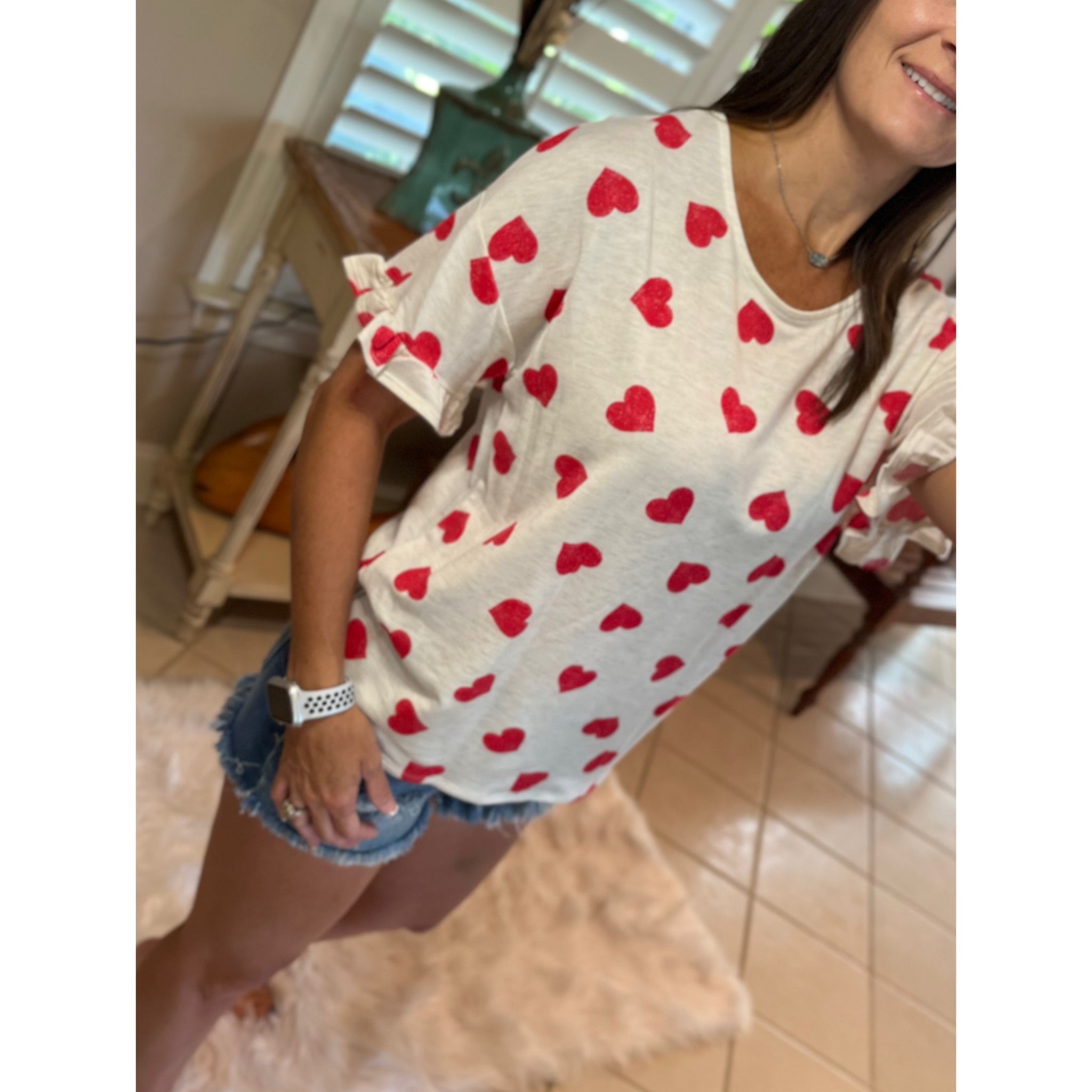 "Can't Buy Me Love" Heart Valentine Round Neck Short Ruffle Flutter Sleeve Top Red White