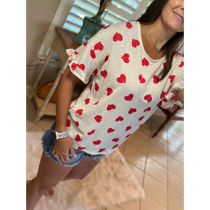 "Can't Buy Me Love" Heart Valentine Round Neck Short Ruffle Flutter Sleeve Top Red White