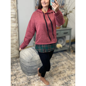 “Free To Choose” French Terry Drawstring Hoodie Contrast Plaid Bottom Pink Green