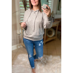 "Cute & Cozy" Plush Drawstring Brushed Hacci Sweater Knit Hoodie L/S Gray S/M/L
