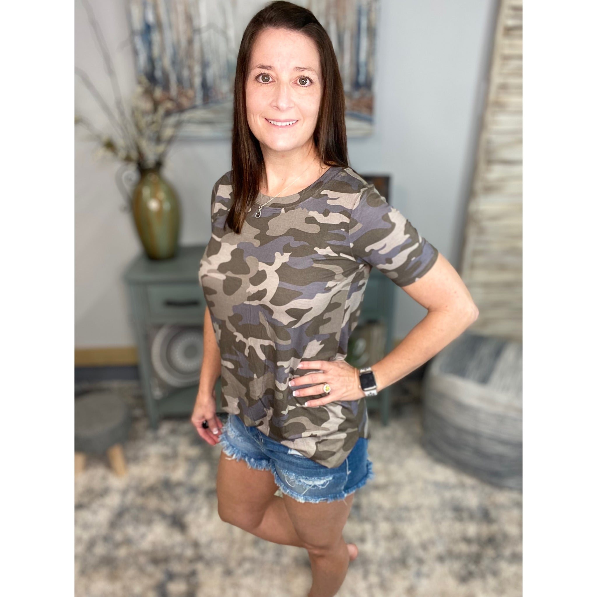 "Summertime Tee" Camouflage Loose Floaty Round Neck Pocket Boyfriend Tee Shirt Army Green S/M/L/XL