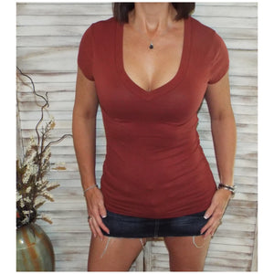 "Basic Babe" Low Cut V Neck Cleavage Baby Slimming Basic Tee Shirt Dark Rust