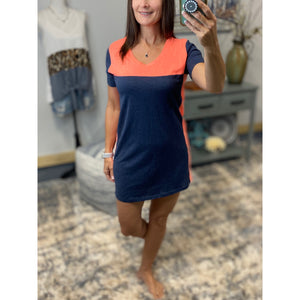 "You're The One" Scoop Neck Color Block Mini Summer Tee Shirt Dress Navy Orange S/M/L