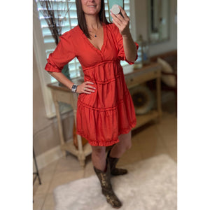 “Say You Won’t Let Go” Boho Tiered Ruffle Trim V Neck Half Sleeve Western Peasant Babydoll Dress Rust