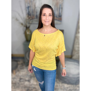 "Charmed Life" Boat Neck Short Ruffle Bell Dolman Sleeve Top Yellow