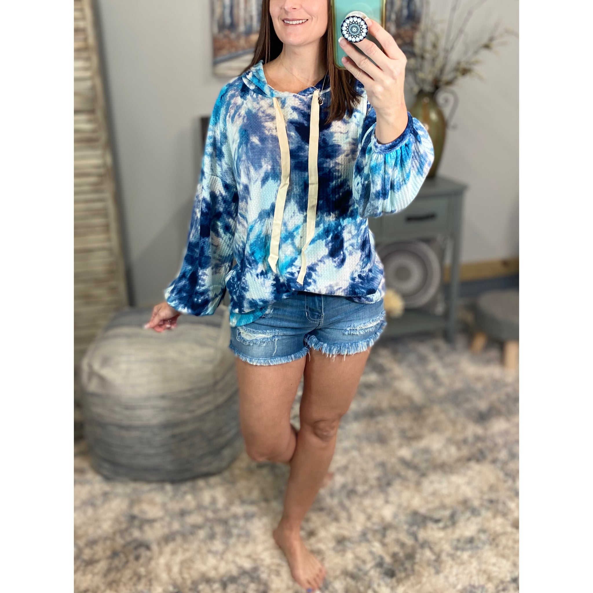 “Free Bird” Tie Dye Crew Neck Waffle Drawstring Light Long Sleeve Hoodie Blue