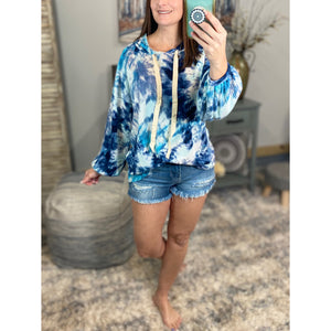 “Free Bird” Tie Dye Crew Neck Waffle Drawstring Light Long Sleeve Hoodie Blue