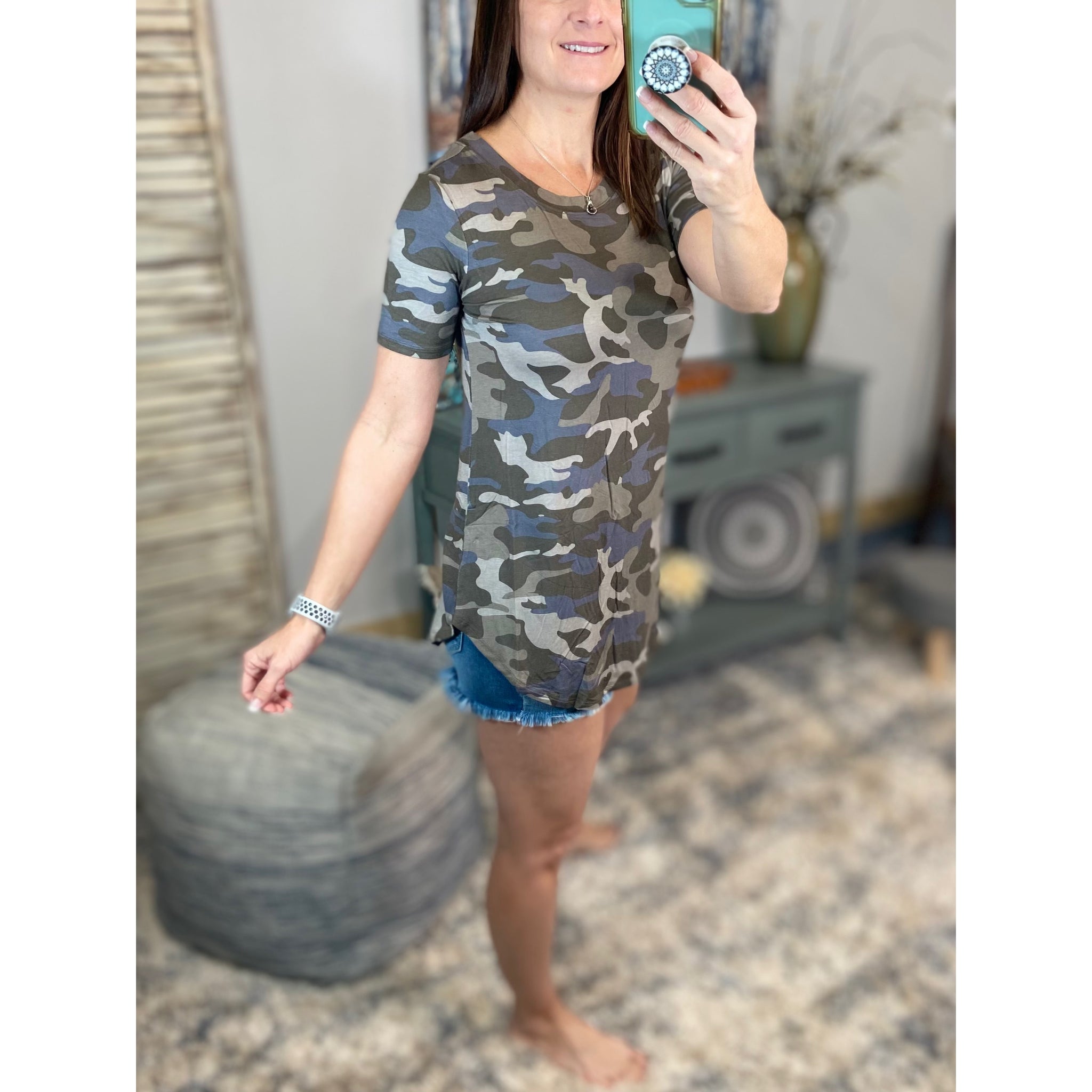 "Summertime Tee" Camouflage Loose Floaty Round Neck Pocket Boyfriend Tee Shirt Army Green S/M/L/XL