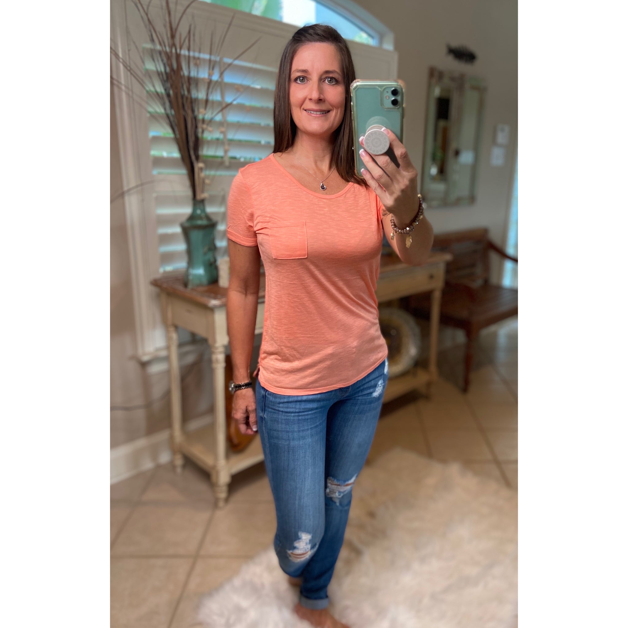 Sexy Sheer Burnout Melange Tissue Scoop Neck Short Sleeve Top Shirt Tee Peach