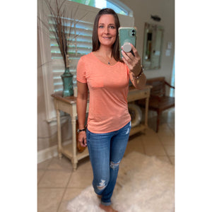 Sexy Sheer Burnout Melange Tissue Scoop Neck Short Sleeve Top Shirt Tee Peach