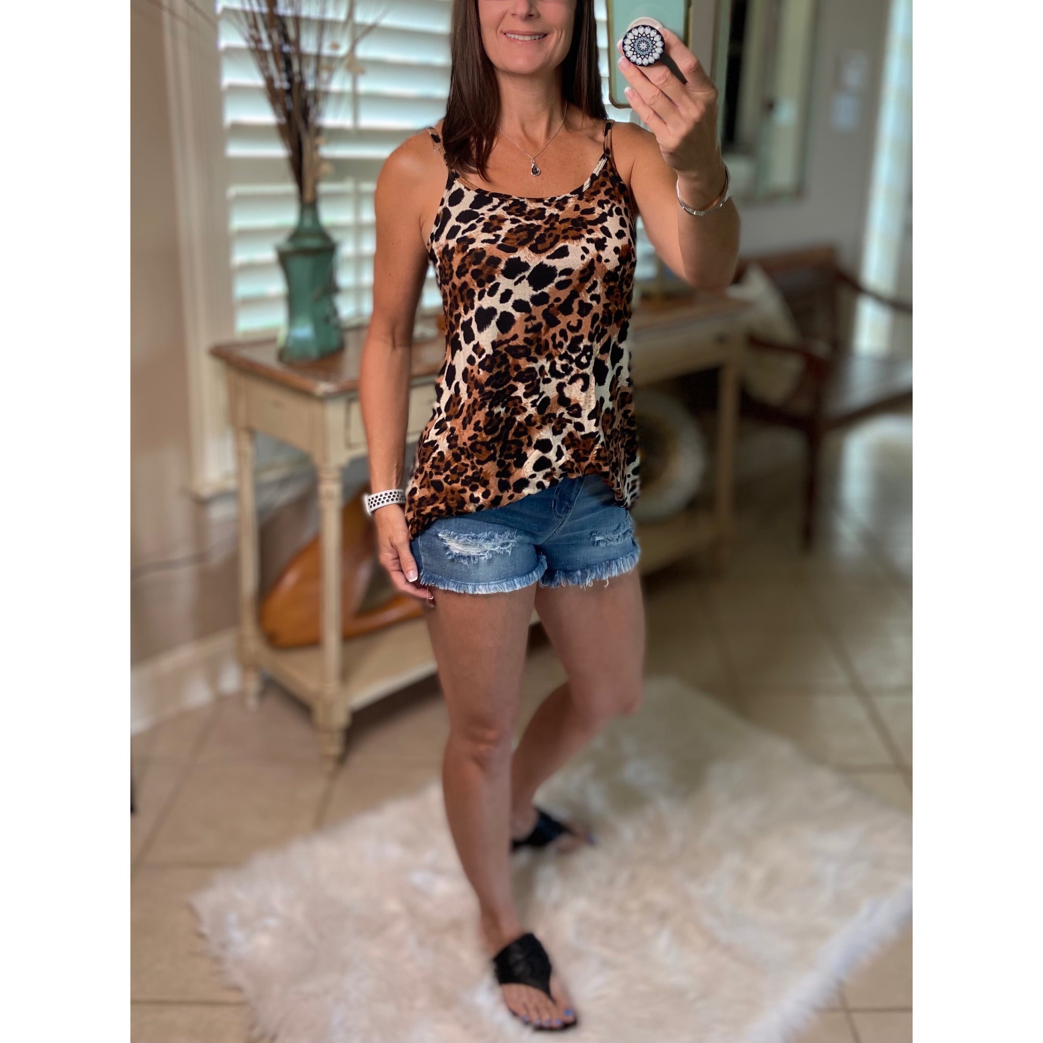 “Heat Wave” Reversible Leopard Low Scoop Or V Neck Spaghetti Strap Tank Top Brown