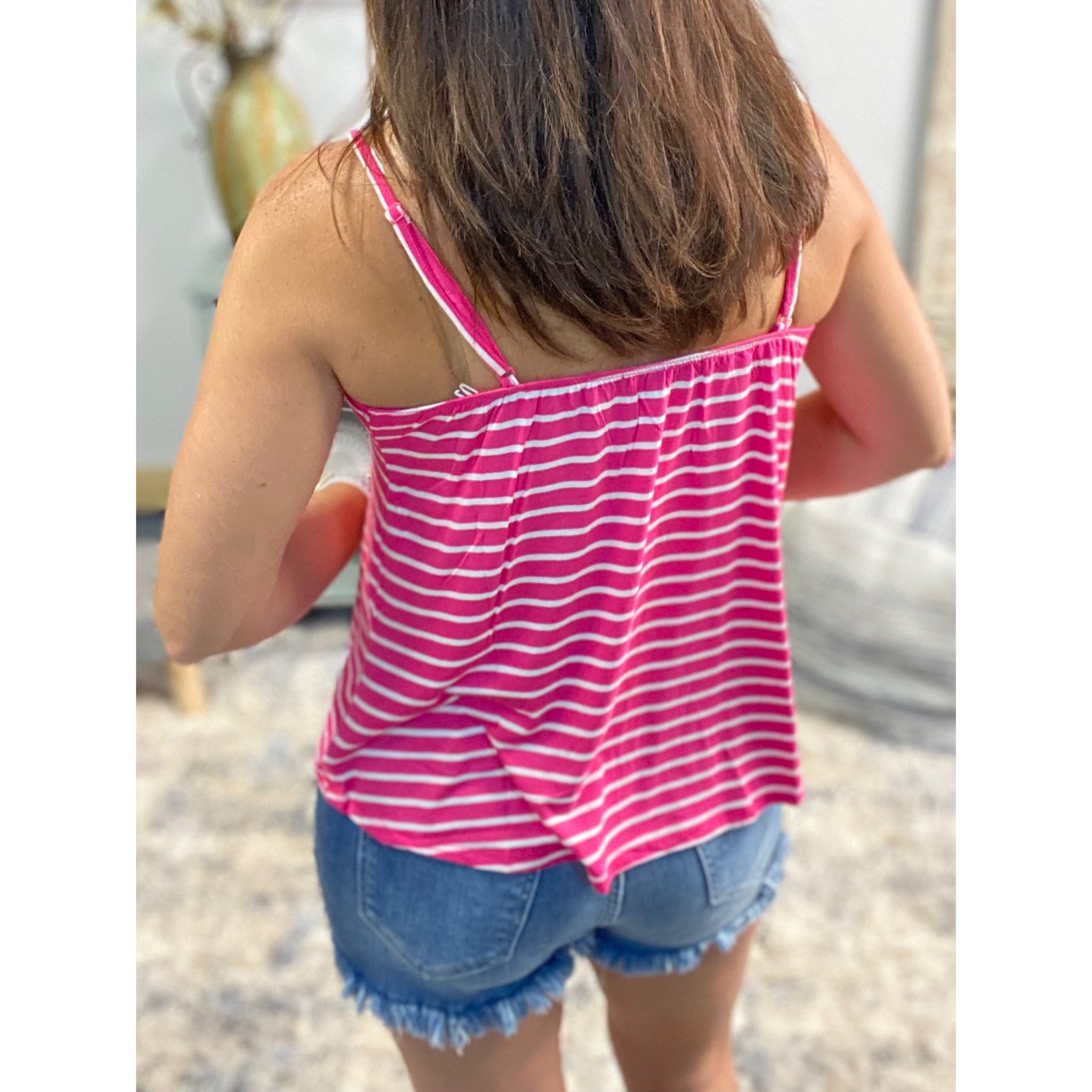 “On My Way” Striped Scoop Neck Faux Button Floaty Adjustable Spaghetti Strap Summer Tank Fuchsia Pink S/M/L
