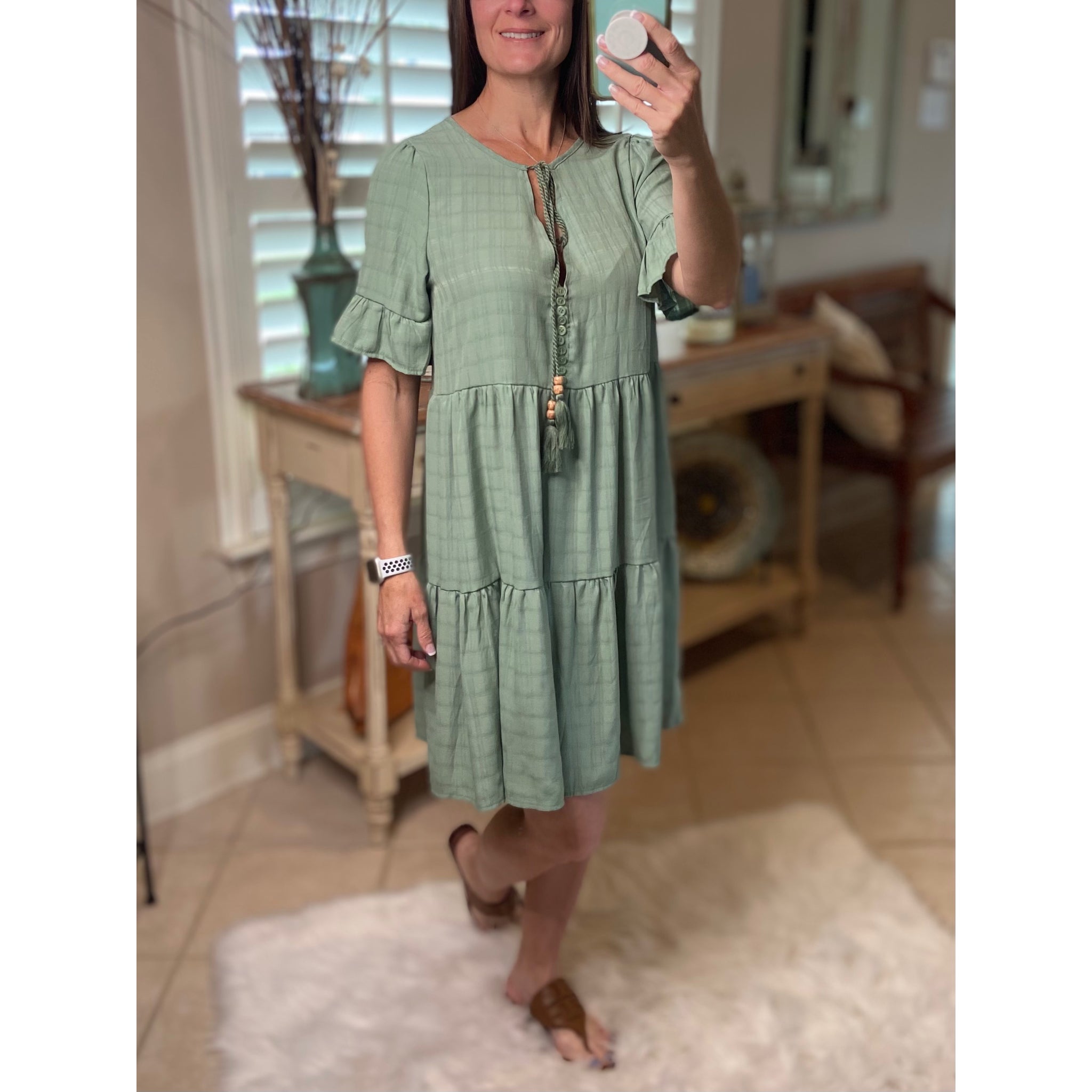 “Summer Breeze” Boho Tiered Striped V-Neck Tassel Ruffle Sleeve Babydoll Chic Dress Sage S/M/L/XL