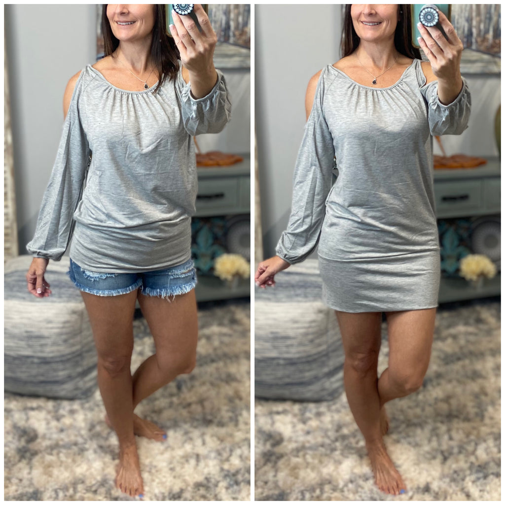 “Bad Decisions” Cold Shoulder Scoop Neck Long Sleeve Ruching Detail Banded Top Dress Gray